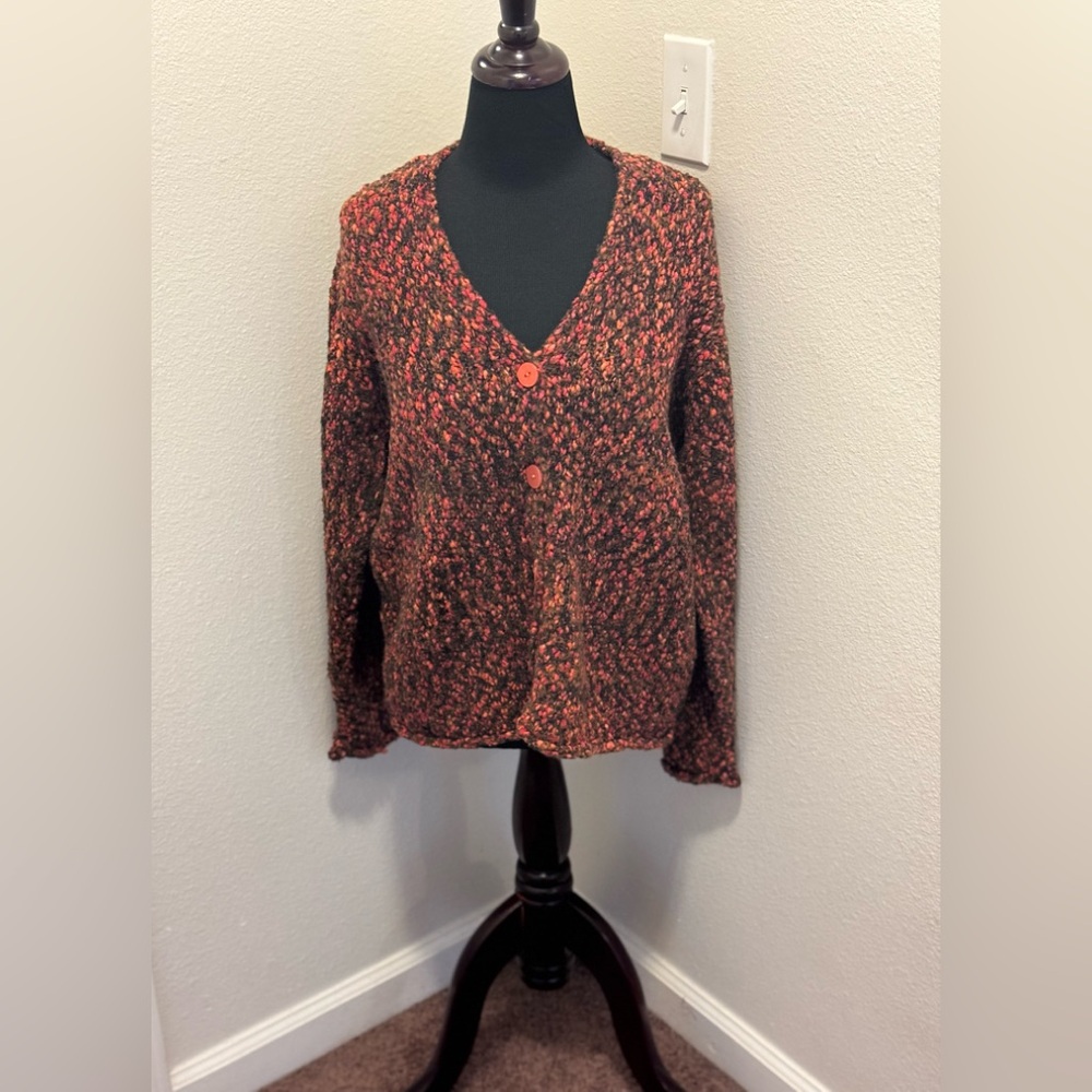 2 FOR $20 Easy Spirit Wool Blend Chunky Cardigan Sweater Marled BurntOversized M